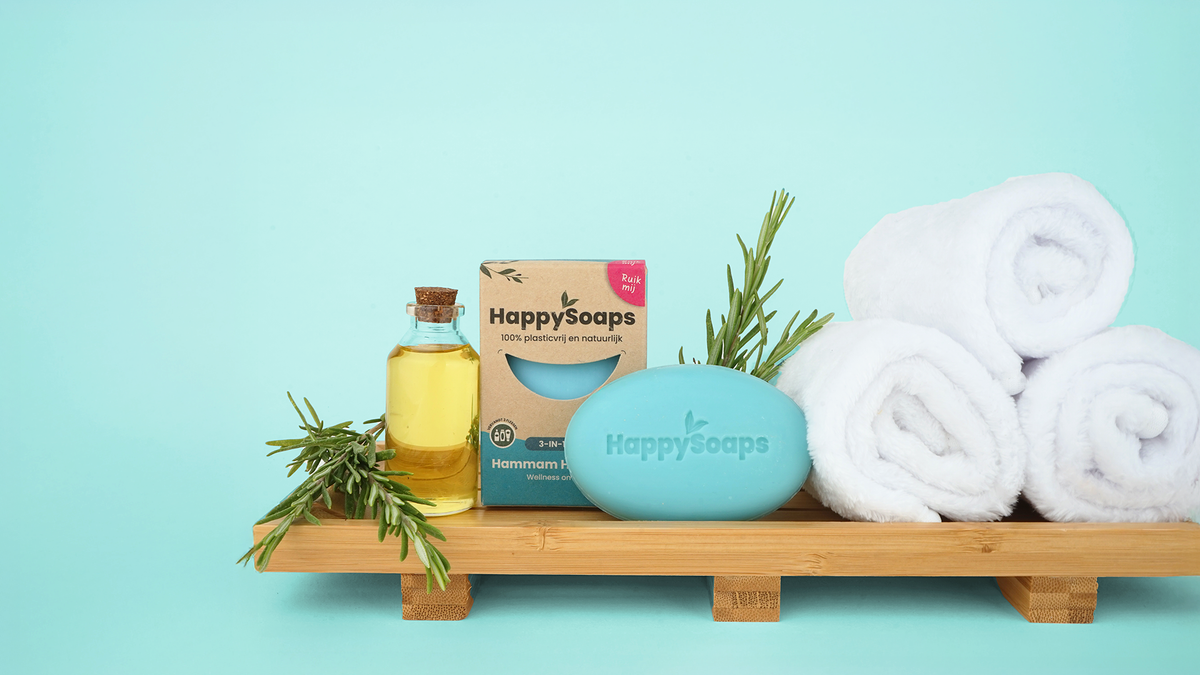 3-in-1 Hammam Handsome Bar från HappySoaps, med rosmarin, olja och handdukar